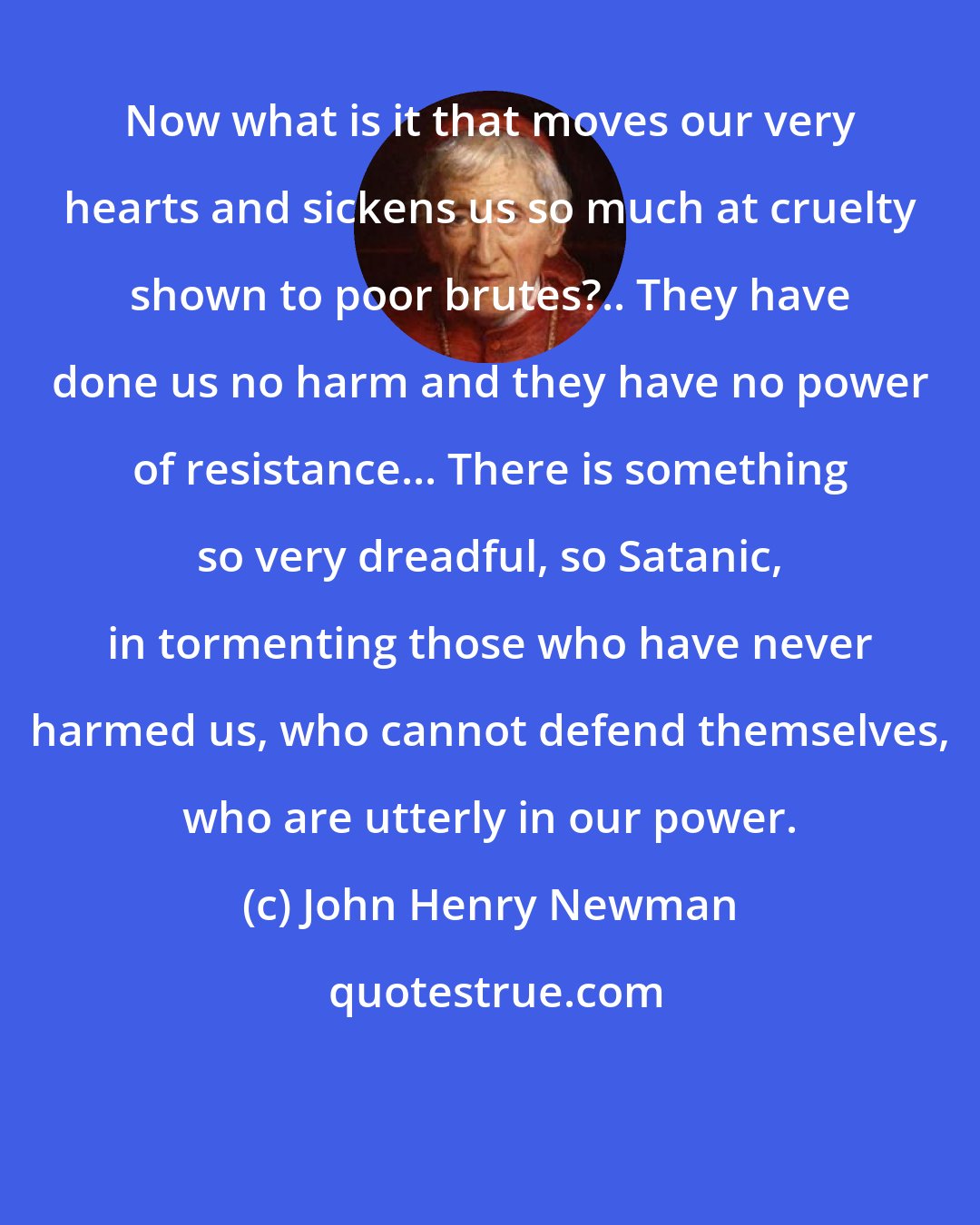 John Henry Newman: Now what is it that moves our very hearts and sickens us so much at cruelty shown to poor brutes?.. They have done us no harm and they have no power of resistance... There is something so very dreadful, so Satanic, in tormenting those who have never harmed us, who cannot defend themselves, who are utterly in our power.