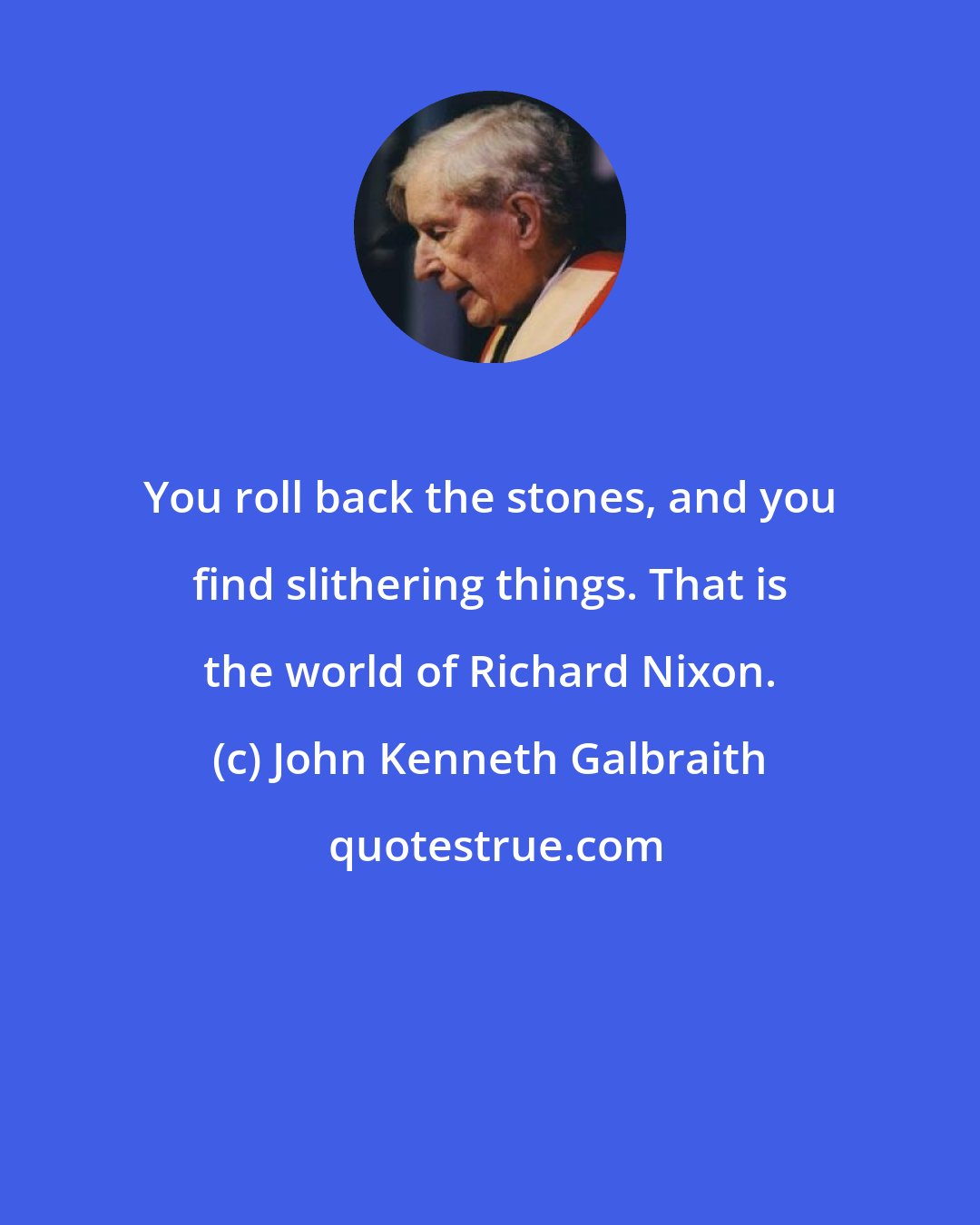 John Kenneth Galbraith: You roll back the stones, and you find slithering things. That is the world of Richard Nixon.