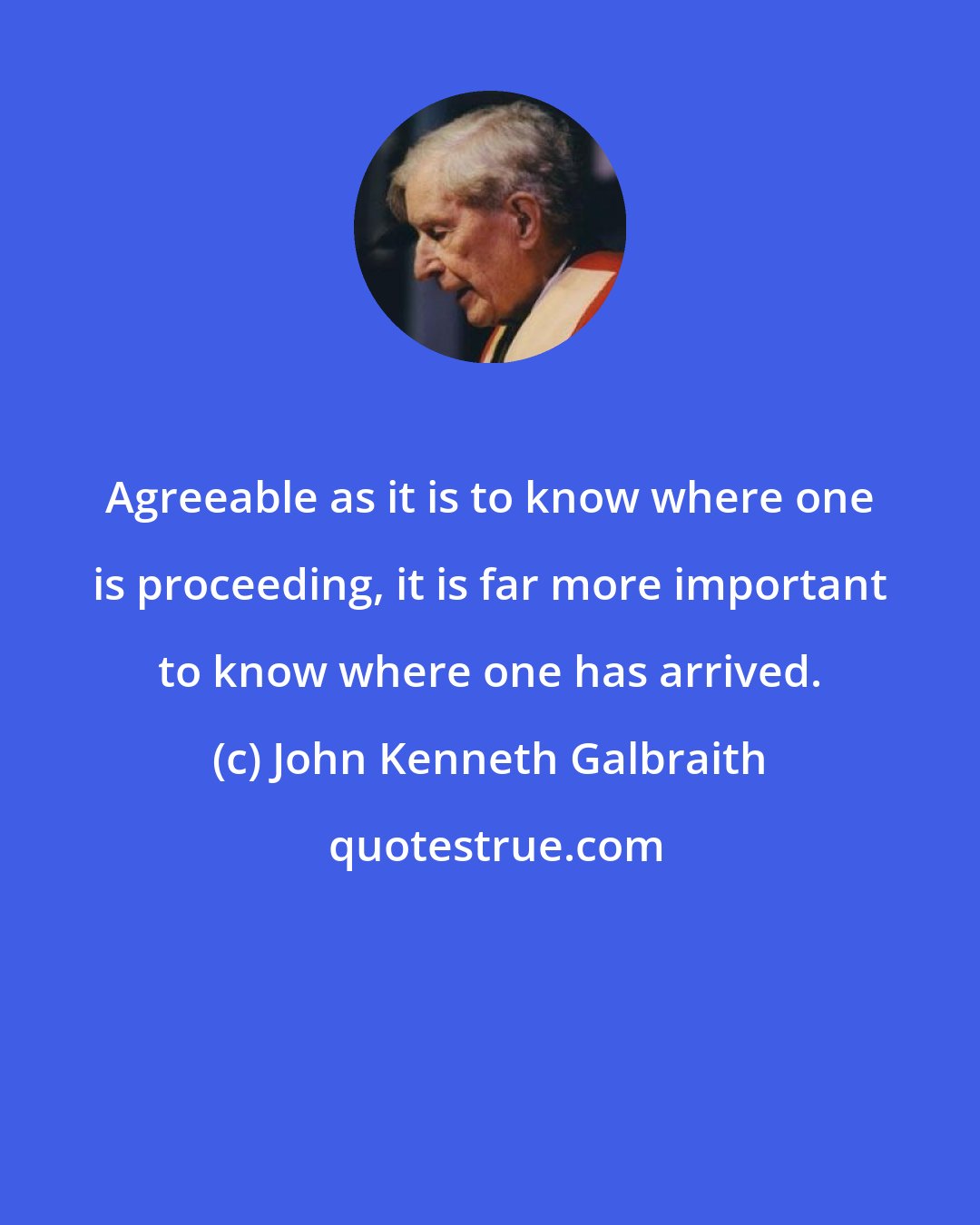 John Kenneth Galbraith: Agreeable as it is to know where one is proceeding, it is far more important to know where one has arrived.