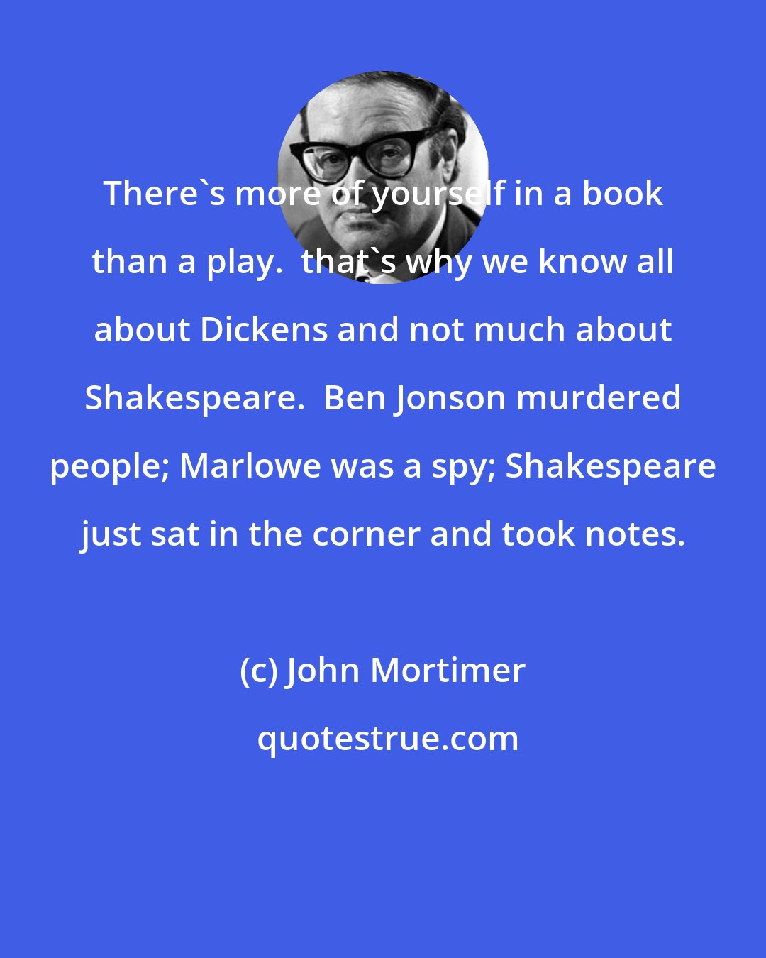 John Mortimer: There's more of yourself in a book than a play.  that's why we know all about Dickens and not much about Shakespeare.  Ben Jonson murdered people; Marlowe was a spy; Shakespeare just sat in the corner and took notes.