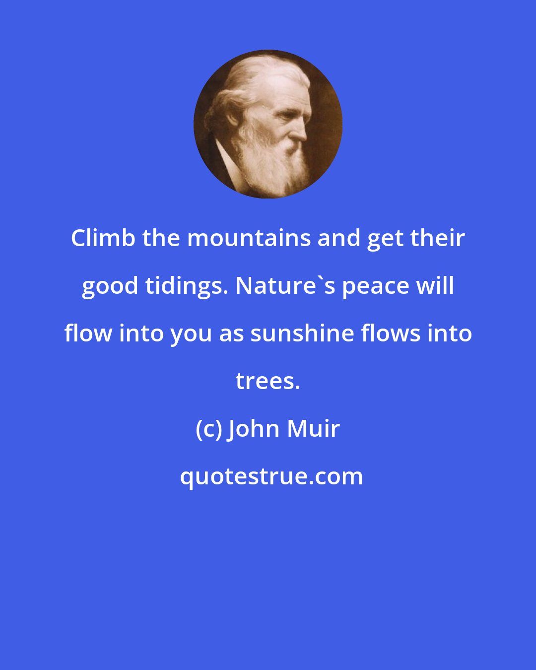 John Muir: Climb the mountains and get their good tidings. Nature's peace will flow into you as sunshine flows into trees.