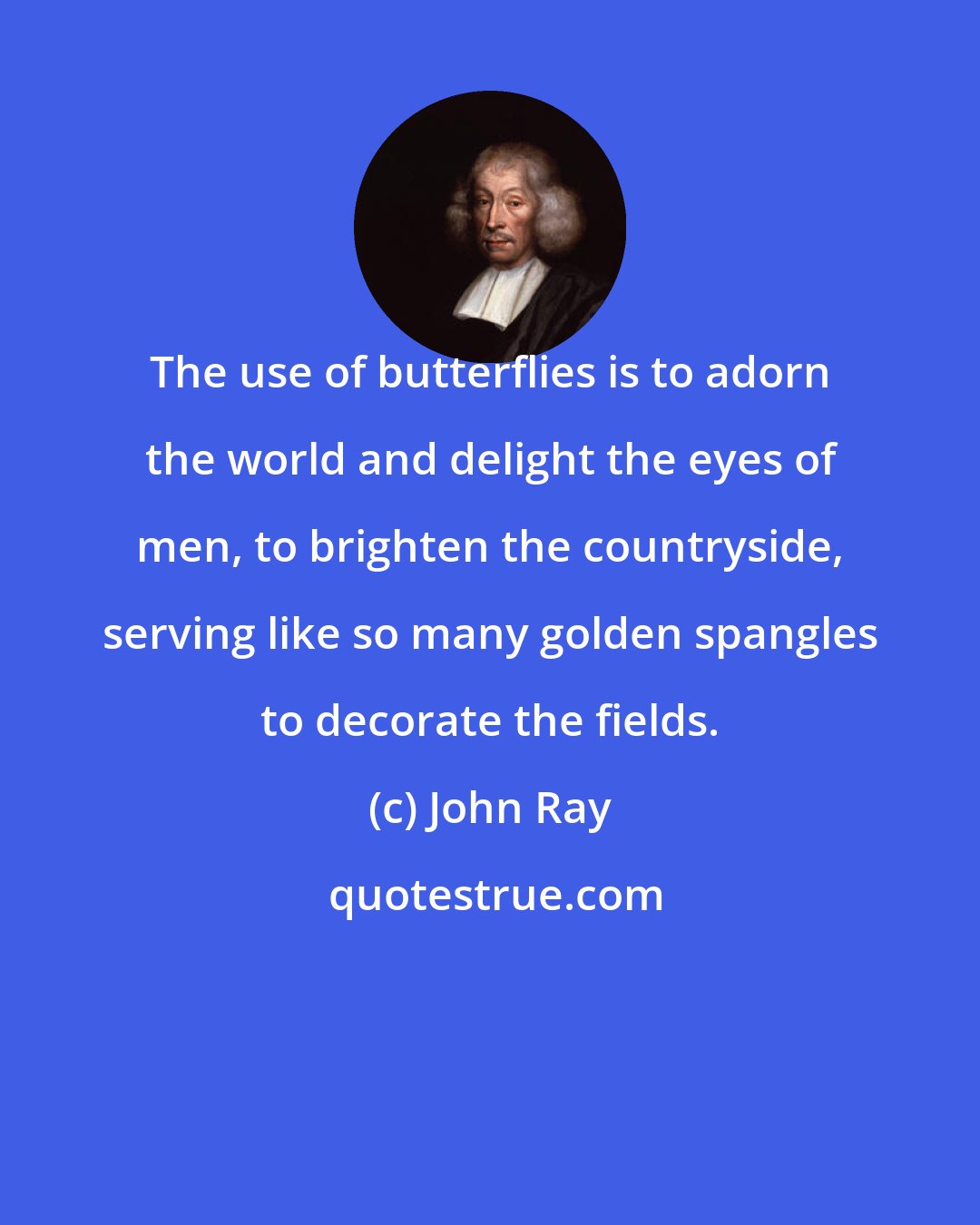 John Ray: The use of butterflies is to adorn the world and delight the eyes of men, to brighten the countryside, serving like so many golden spangles to decorate the fields.