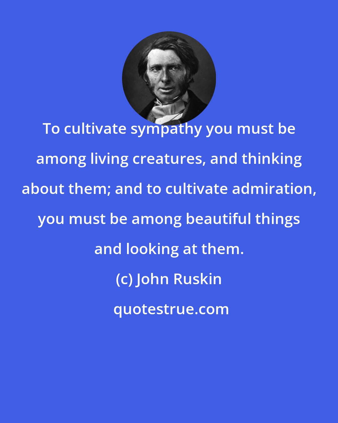 John Ruskin: To cultivate sympathy you must be among living creatures, and thinking about them; and to cultivate admiration, you must be among beautiful things and looking at them.