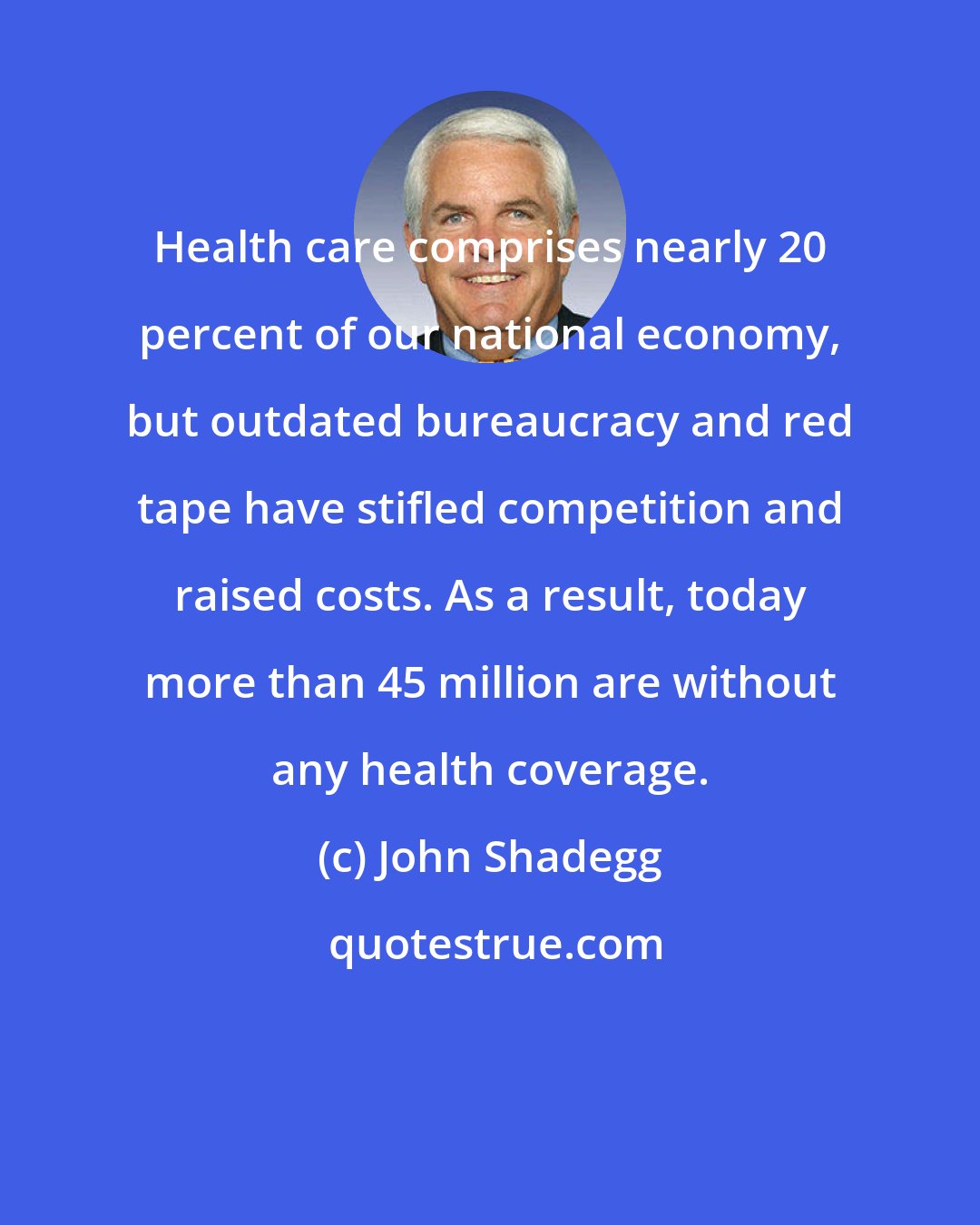 John Shadegg: Health care comprises nearly 20 percent of our national economy, but outdated bureaucracy and red tape have stifled competition and raised costs. As a result, today more than 45 million are without any health coverage.