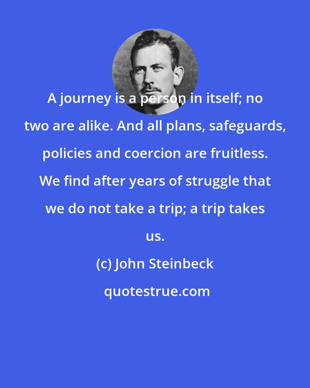 John Steinbeck: A journey is a person in itself; no two are alike. And all plans, safeguards, policies and coercion are fruitless. We find after years of struggle that we do not take a trip; a trip takes us.