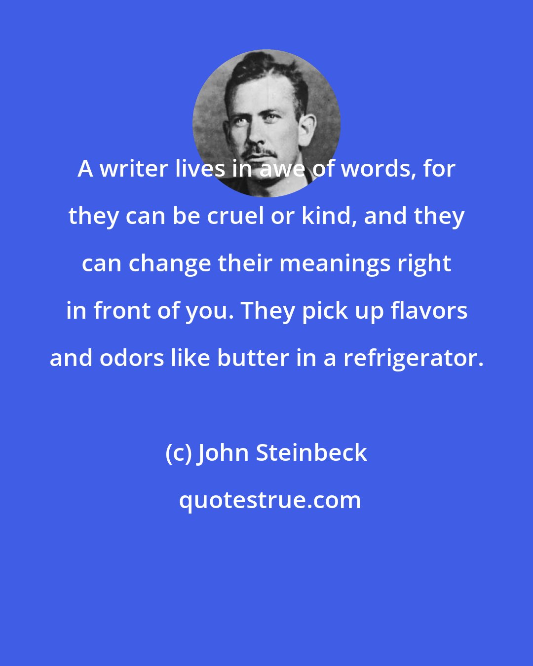 John Steinbeck: A writer lives in awe of words, for they can be cruel or kind, and they can change their meanings right in front of you. They pick up flavors and odors like butter in a refrigerator.