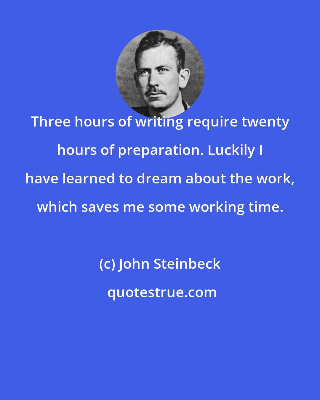 John Steinbeck: Three hours of writing require twenty hours of preparation. Luckily I have learned to dream about the work, which saves me some working time.