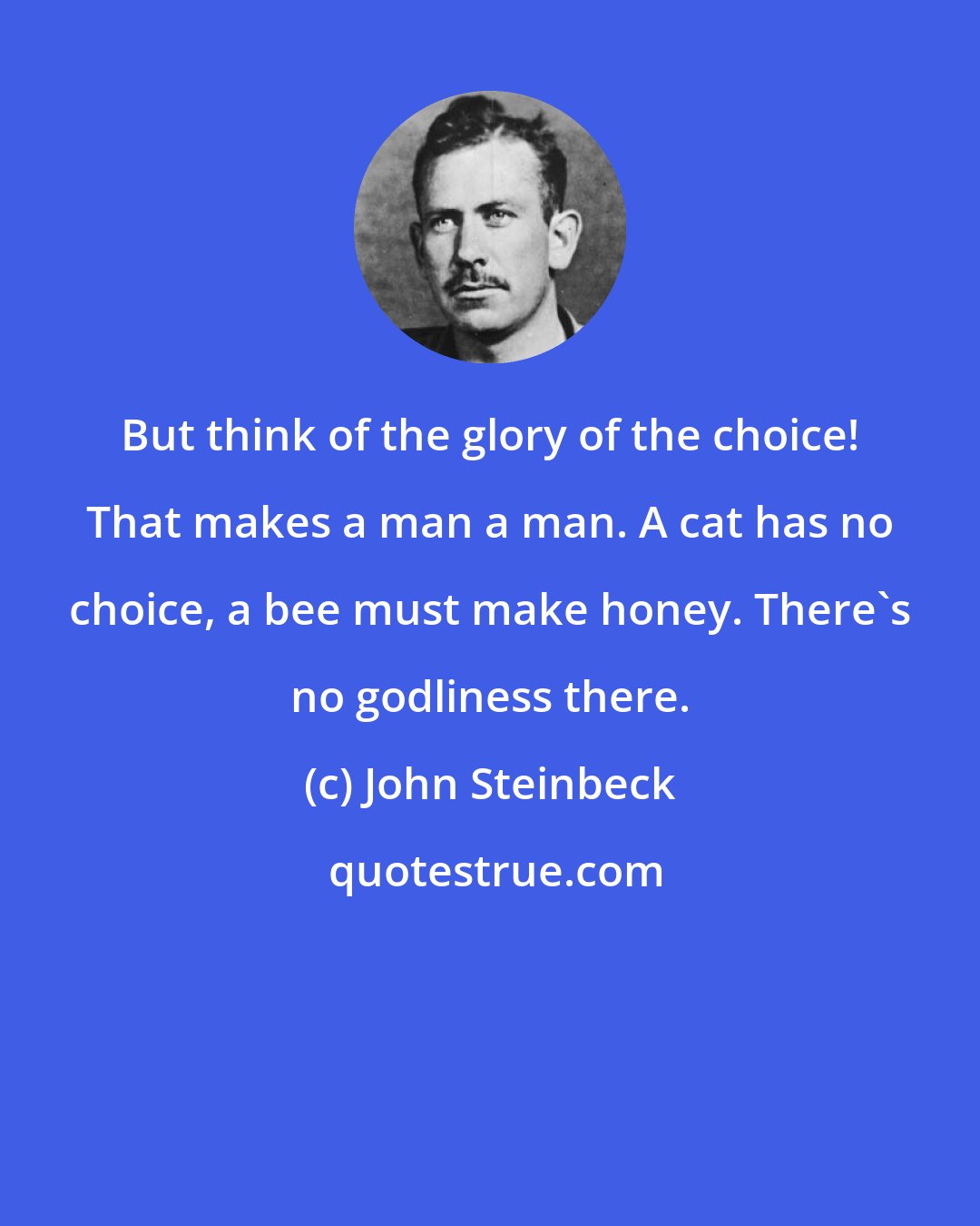 John Steinbeck: But think of the glory of the choice! That makes a man a man. A cat has no choice, a bee must make honey. There's no godliness there.