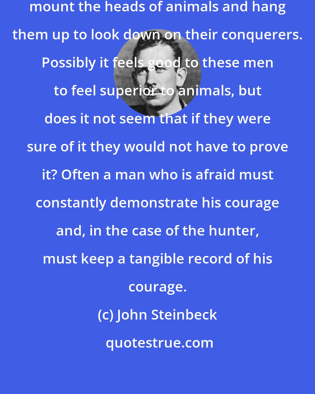 John Steinbeck: We have never understood why men mount the heads of animals and hang them up to look down on their conquerers. Possibly it feels good to these men to feel superior to animals, but does it not seem that if they were sure of it they would not have to prove it? Often a man who is afraid must constantly demonstrate his courage and, in the case of the hunter, must keep a tangible record of his courage.