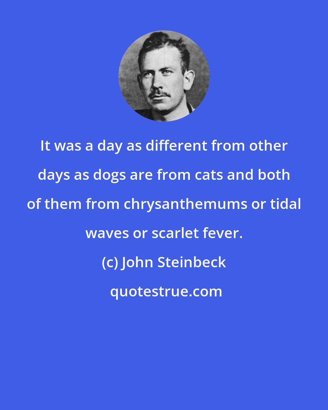 John Steinbeck: It was a day as different from other days as dogs are from cats and both of them from chrysanthemums or tidal waves or scarlet fever.