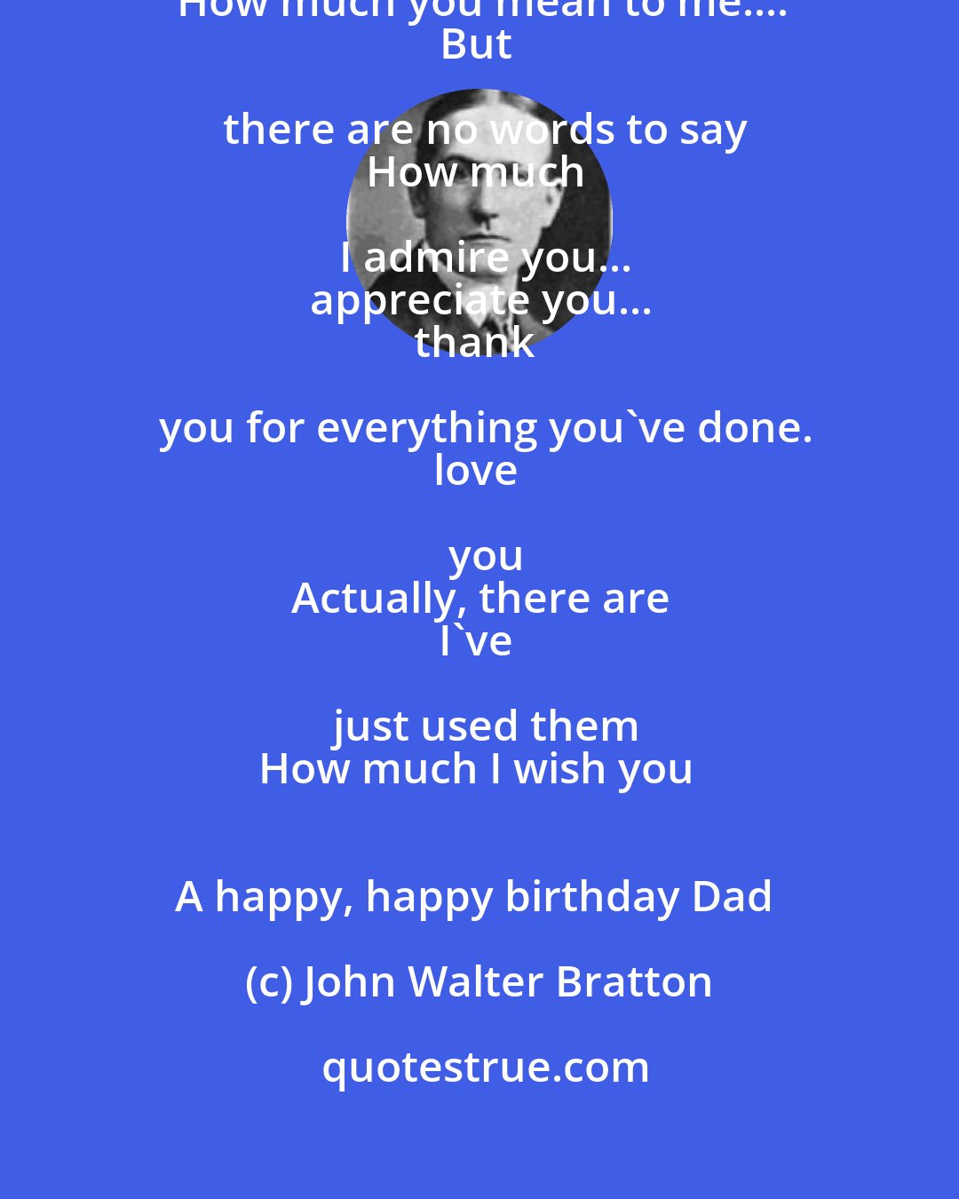 John Walter Bratton: How much I wish I could tell you, Dad
How much you mean to me....
But there are no words to say
How much I admire you...
appreciate you...
thank you for everything you've done.
love you
Actually, there are
I've just used them
How much I wish you 
A happy, happy birthday Dad