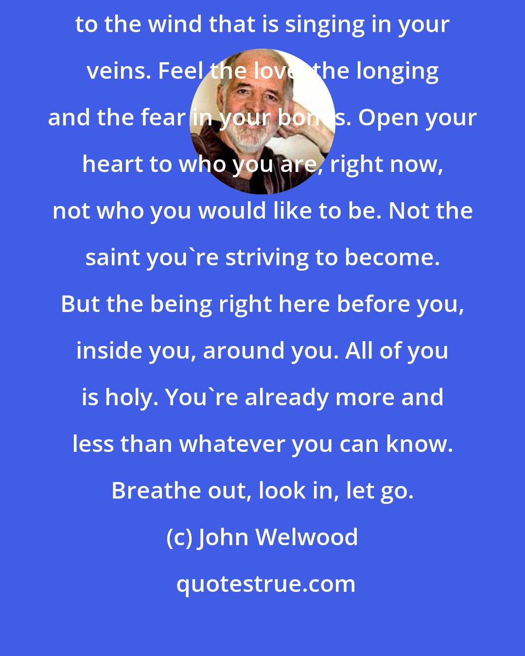 John Welwood: Forget about enlightenment. Sit down wherever you are and listen to the wind that is singing in your veins. Feel the love, the longing and the fear in your bones. Open your heart to who you are, right now, not who you would like to be. Not the saint you're striving to become. But the being right here before you, inside you, around you. All of you is holy. You're already more and less than whatever you can know. Breathe out, look in, let go.