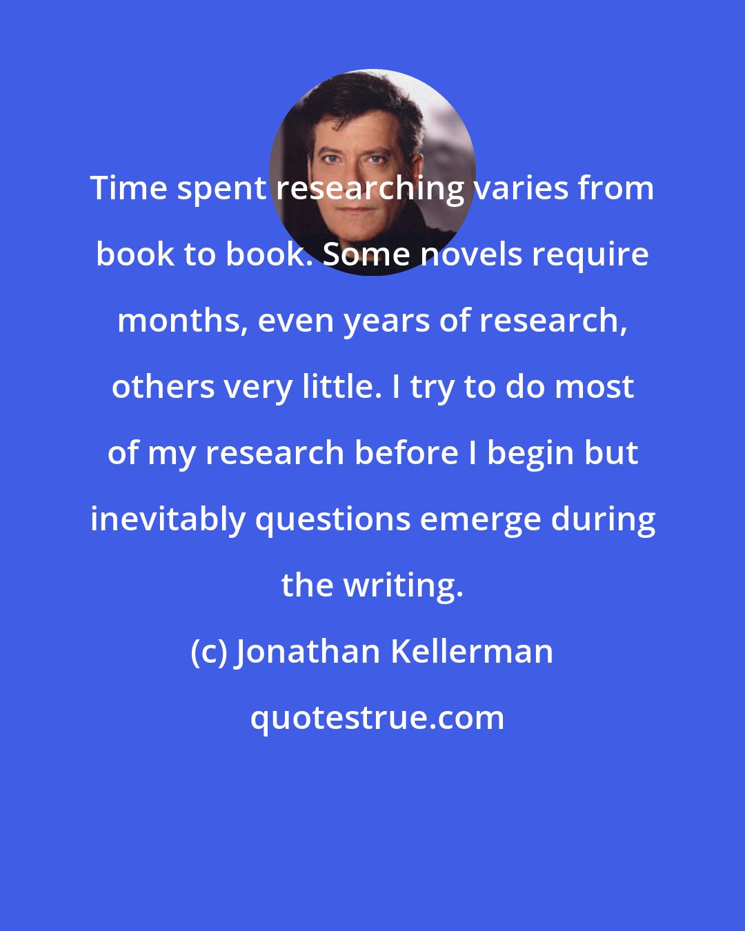 Jonathan Kellerman: Time spent researching varies from book to book. Some novels require months, even years of research, others very little. I try to do most of my research before I begin but inevitably questions emerge during the writing.