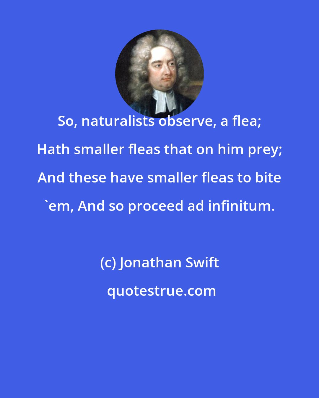 Jonathan Swift: So, naturalists observe, a flea; Hath smaller fleas that on him prey; And these have smaller fleas to bite 'em, And so proceed ad infinitum.