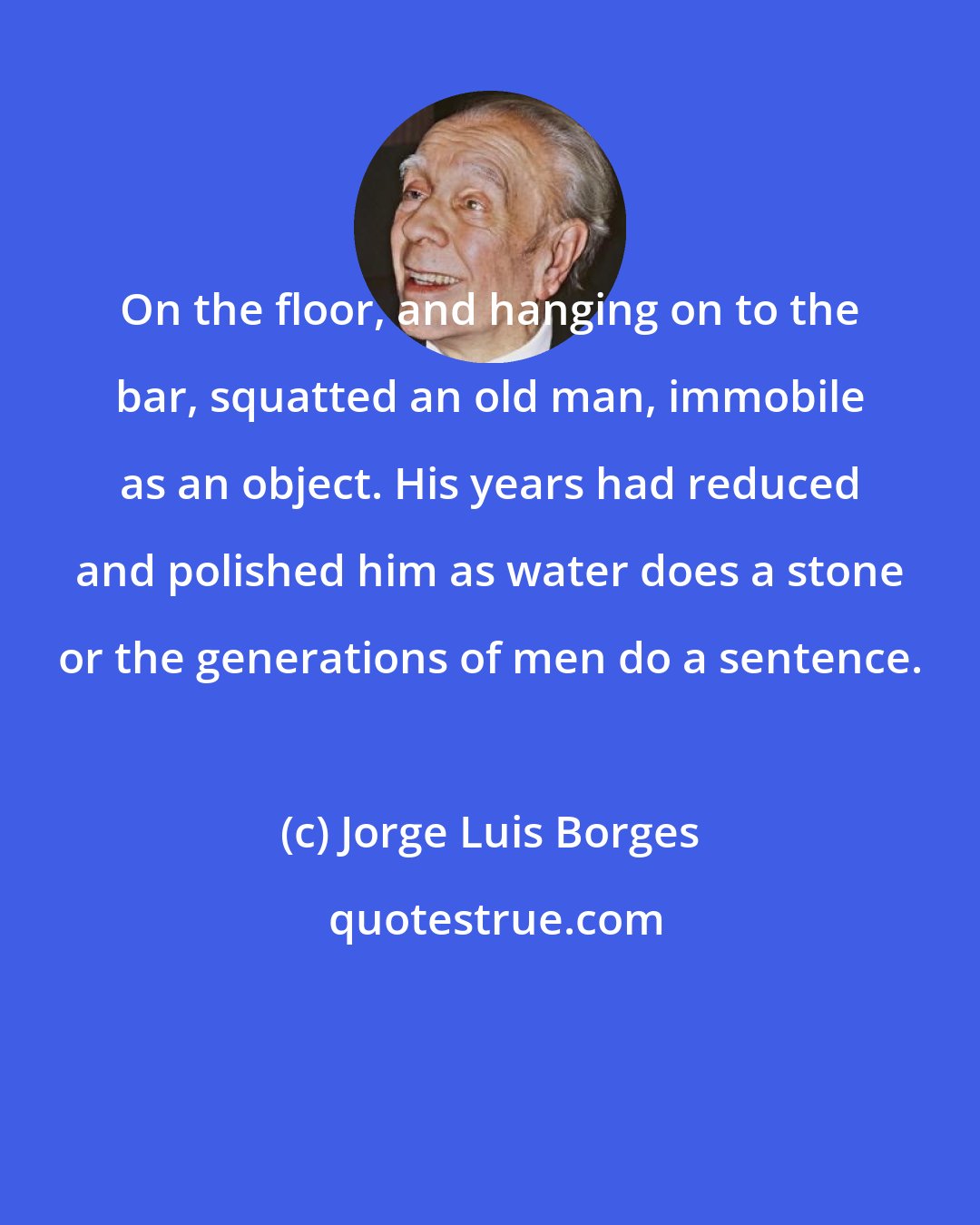 Jorge Luis Borges: On the floor, and hanging on to the bar, squatted an old man, immobile as an object. His years had reduced and polished him as water does a stone or the generations of men do a sentence.