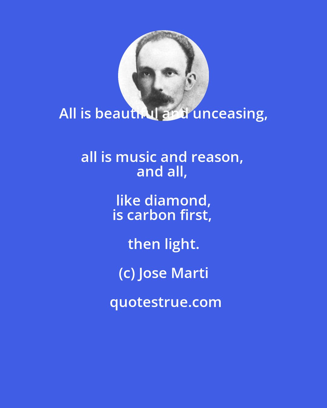 Jose Marti: All is beautiful and unceasing, 
all is music and reason, 
and all, like diamond, 
is carbon first, then light.