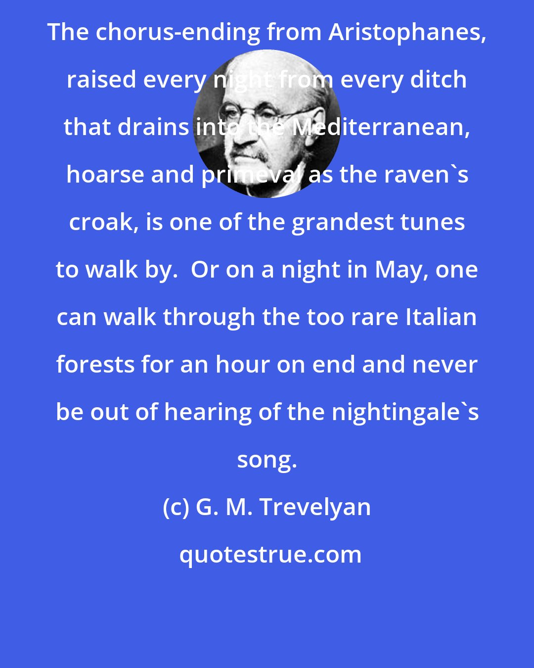 G. M. Trevelyan: The chorus-ending from Aristophanes, raised every night from every ditch that drains into the Mediterranean, hoarse and primeval as the raven's croak, is one of the grandest tunes to walk by.  Or on a night in May, one can walk through the too rare Italian forests for an hour on end and never be out of hearing of the nightingale's song.