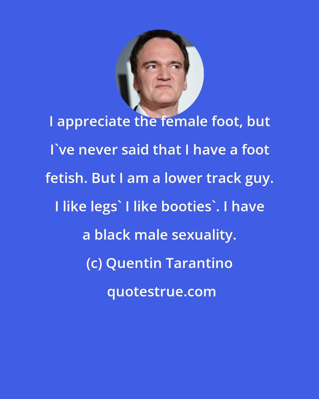 Quentin Tarantino: I appreciate the female foot, but I've never said that I have a foot fetish. But I am a lower track guy. I like legs' I like booties'. I have a black male sexuality.