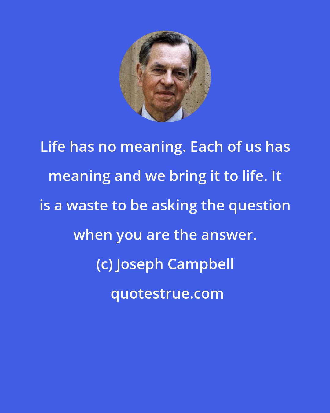 Joseph Campbell: Life has no meaning. Each of us has meaning and we bring it to life. It is a waste to be asking the question when you are the answer.