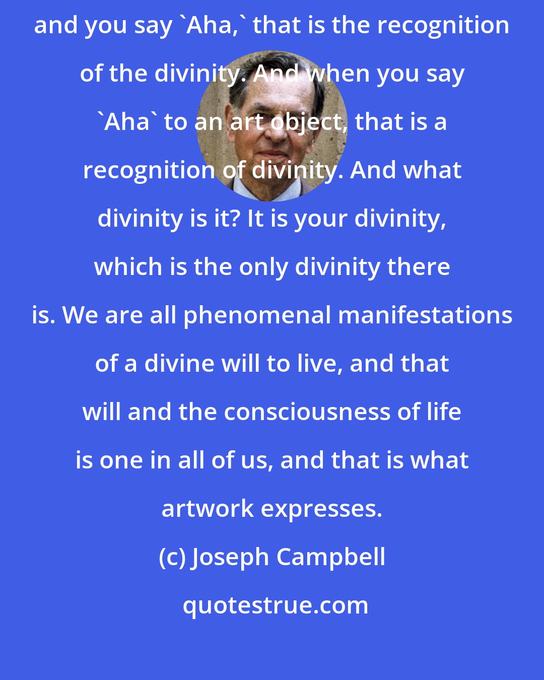 Joseph Campbell: In one of the Upanishads it says, when the glow of a sunset holds you and you say 'Aha,' that is the recognition of the divinity. And when you say 'Aha' to an art object, that is a recognition of divinity. And what divinity is it? It is your divinity, which is the only divinity there is. We are all phenomenal manifestations of a divine will to live, and that will and the consciousness of life is one in all of us, and that is what artwork expresses.