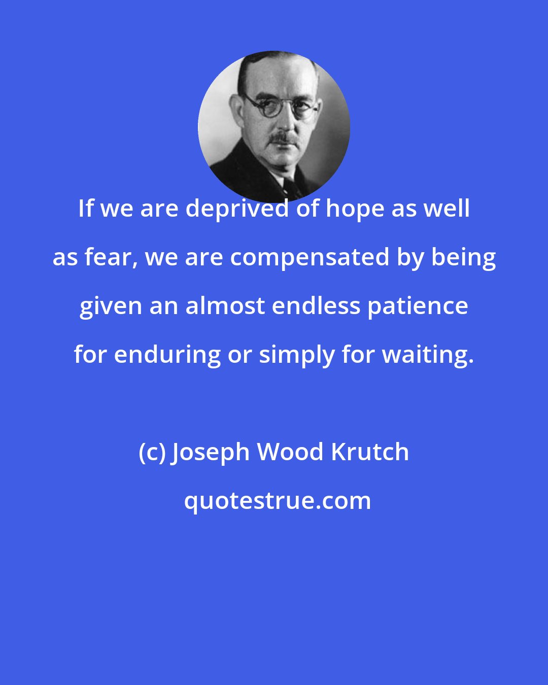 Joseph Wood Krutch: If we are deprived of hope as well as fear, we are compensated by being given an almost endless patience for enduring or simply for waiting.