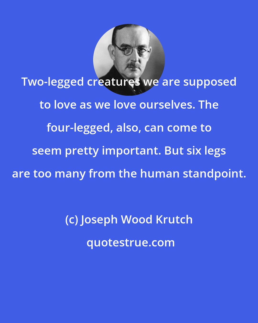 Joseph Wood Krutch: Two-legged creatures we are supposed to love as we love ourselves. The four-legged, also, can come to seem pretty important. But six legs are too many from the human standpoint.