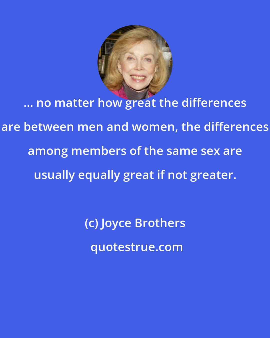 Joyce Brothers: ... no matter how great the differences are between men and women, the differences among members of the same sex are usually equally great if not greater.