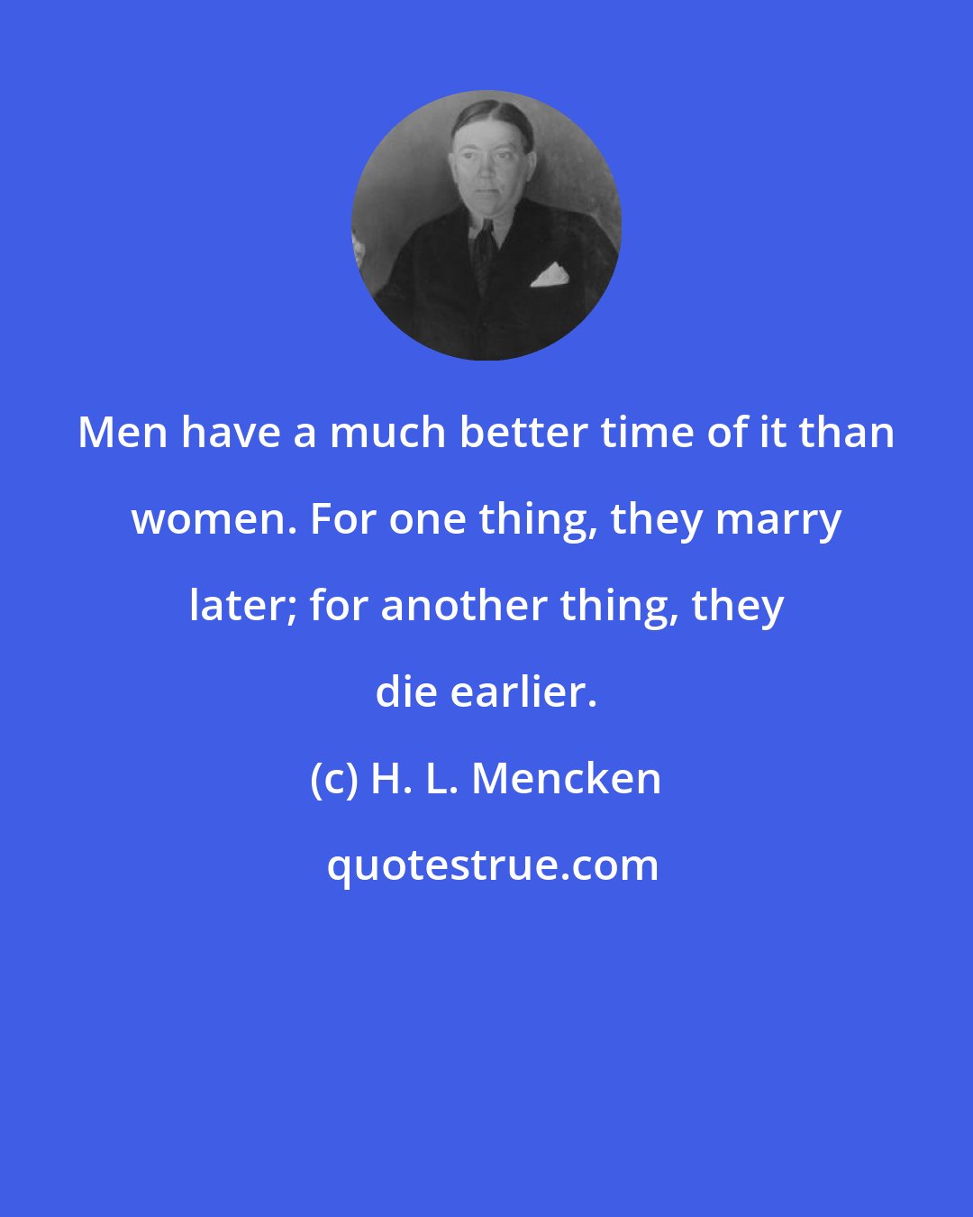 H. L. Mencken: Men have a much better time of it than women. For one thing, they marry later; for another thing, they die earlier.