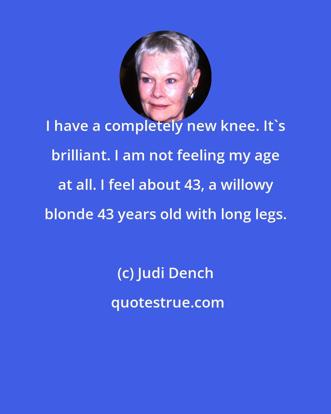 Judi Dench: I have a completely new knee. It's brilliant. I am not feeling my age at all. I feel about 43, a willowy blonde 43 years old with long legs.