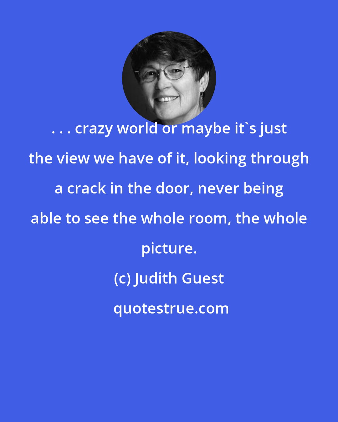 Judith Guest: . . . crazy world or maybe it's just the view we have of it, looking through a crack in the door, never being able to see the whole room, the whole picture.