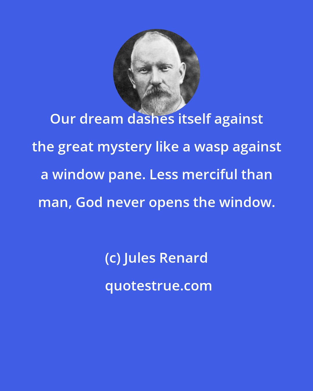 Jules Renard: Our dream dashes itself against the great mystery like a wasp against a window pane. Less merciful than man, God never opens the window.