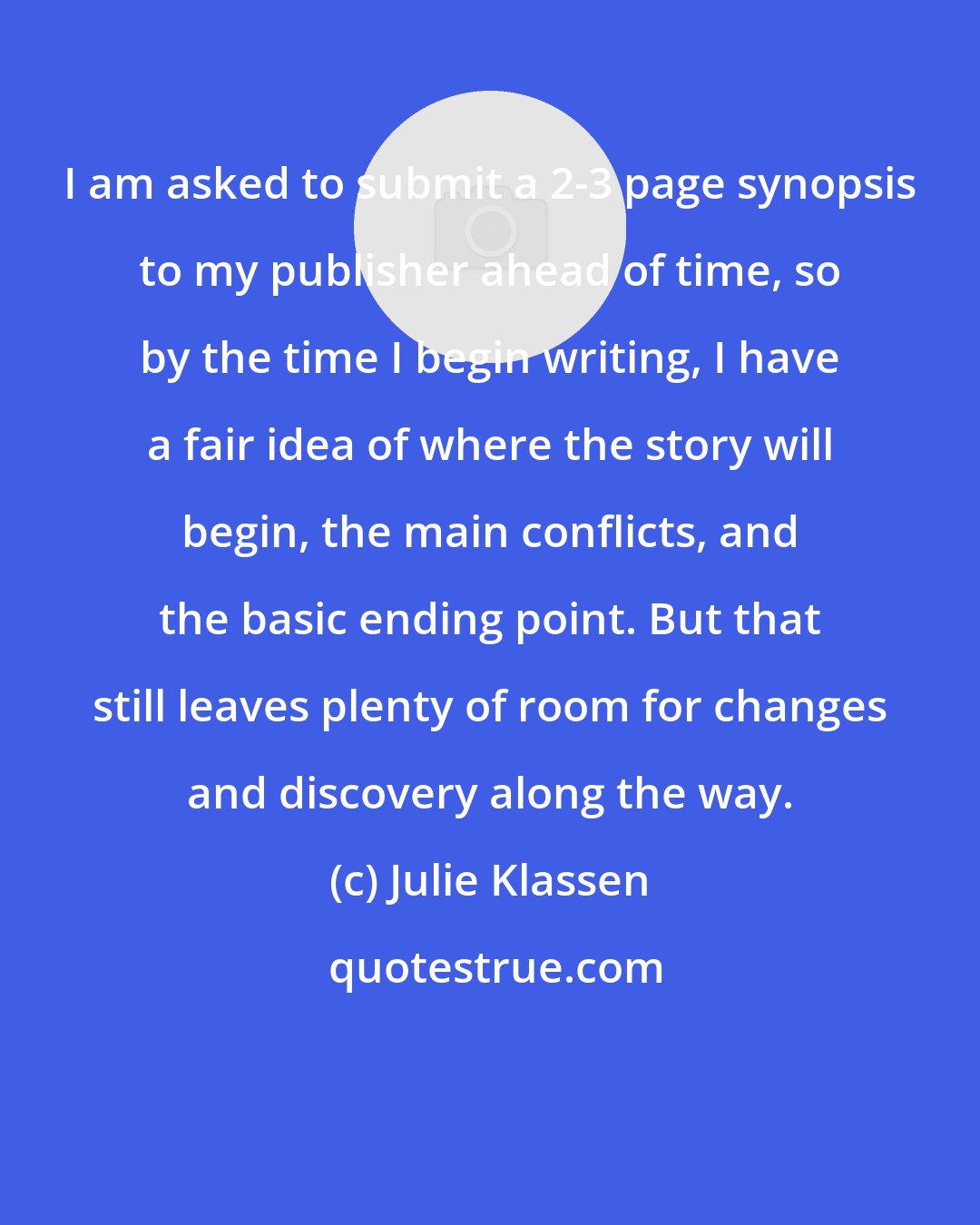 Julie Klassen: I am asked to submit a 2-3 page synopsis to my publisher ahead of time, so by the time I begin writing, I have a fair idea of where the story will begin, the main conflicts, and the basic ending point. But that still leaves plenty of room for changes and discovery along the way.