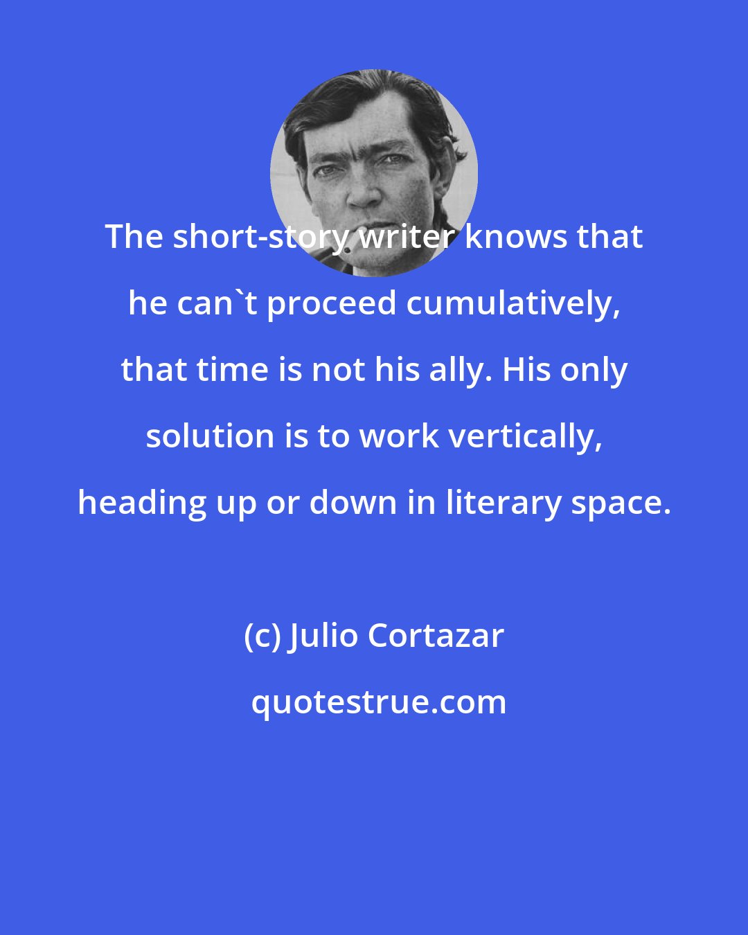 Julio Cortazar: The short-story writer knows that he can't proceed cumulatively, that time is not his ally. His only solution is to work vertically, heading up or down in literary space.