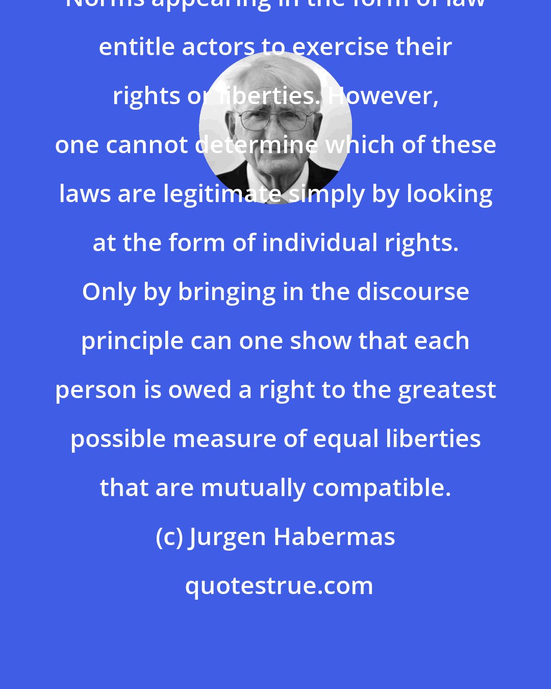 Jurgen Habermas: Norms appearing in the form of law entitle actors to exercise their rights or liberties. However, one cannot determine which of these laws are legitimate simply by looking at the form of individual rights. Only by bringing in the discourse principle can one show that each person is owed a right to the greatest possible measure of equal liberties that are mutually compatible.
