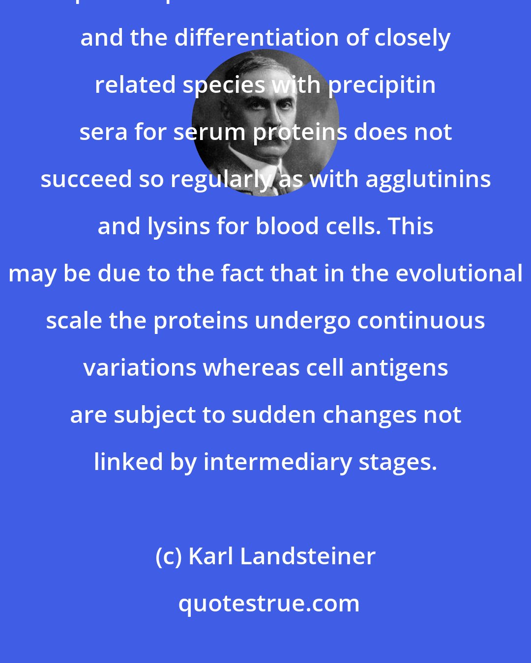 Karl Landsteiner: On the whole, at least in the author's experience, the preparation of species-specific antiserum fractions and the differentiation of closely related species with precipitin sera for serum proteins does not succeed so regularly as with agglutinins and lysins for blood cells. This may be due to the fact that in the evolutional scale the proteins undergo continuous variations whereas cell antigens are subject to sudden changes not linked by intermediary stages.