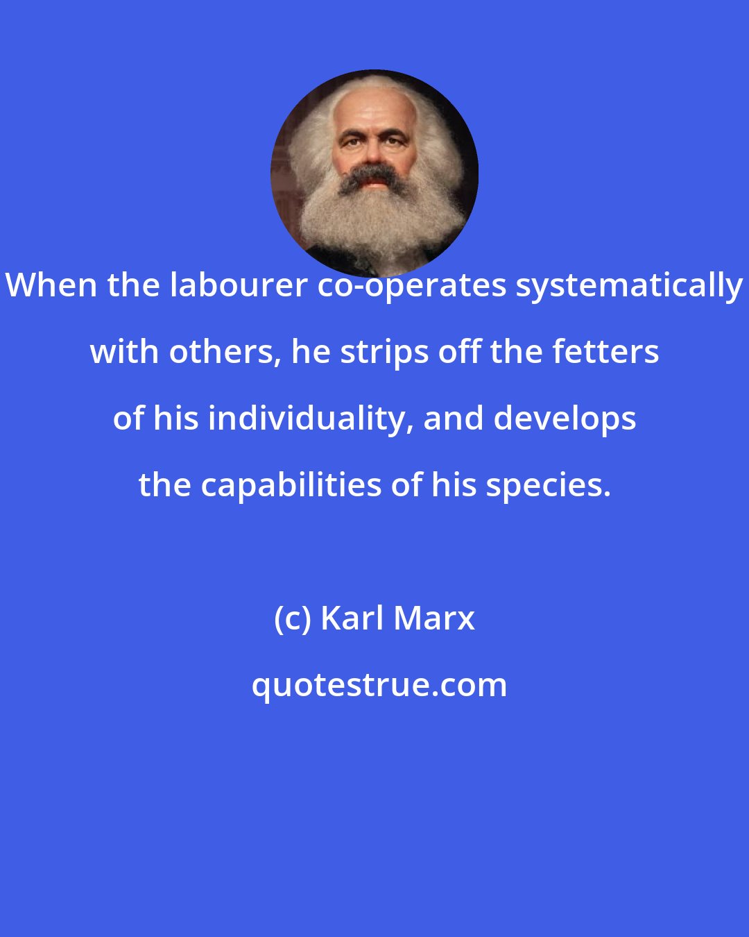 Karl Marx: When the labourer co-operates systematically with others, he strips off the fetters of his individuality, and develops the capabilities of his species.