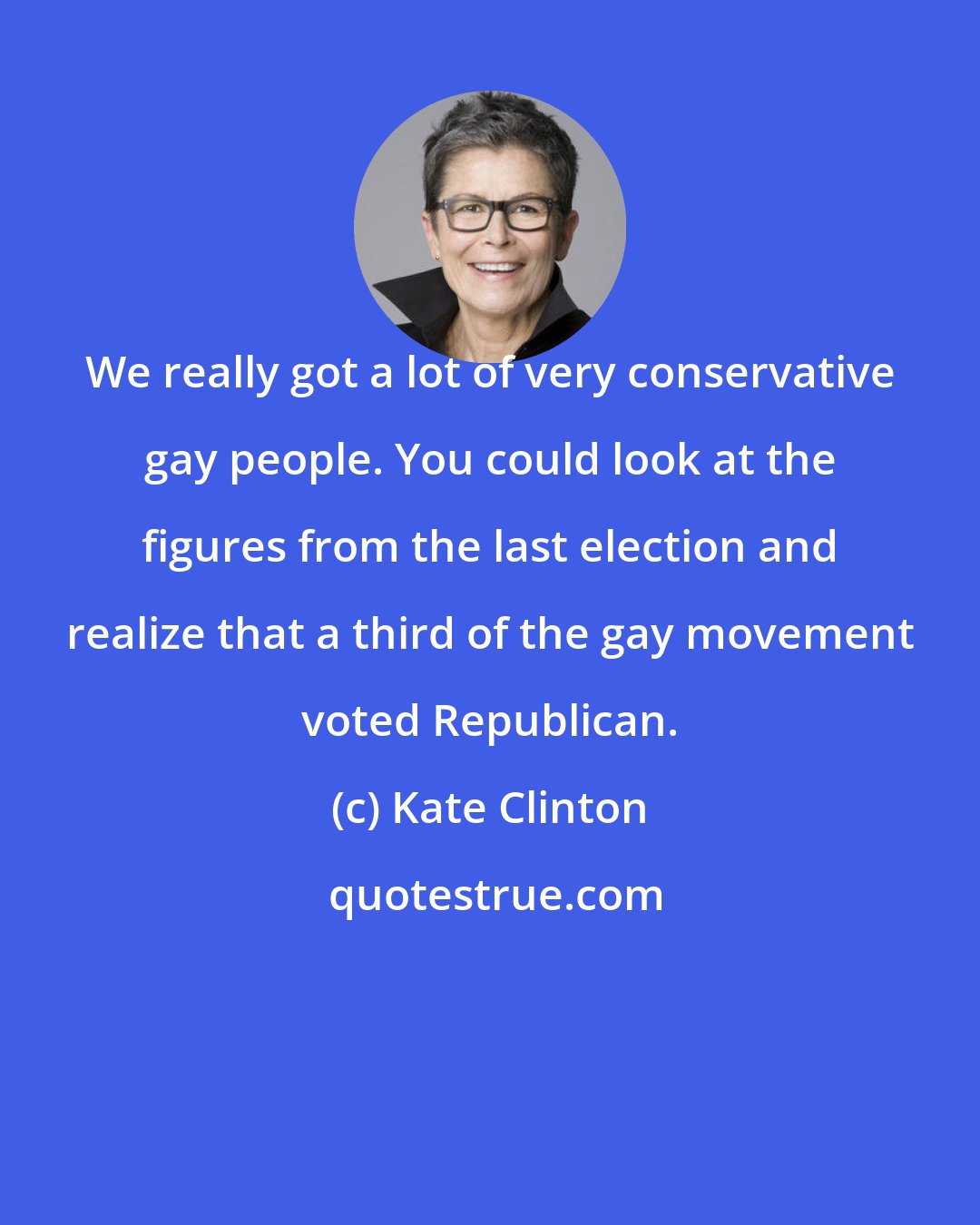 Kate Clinton: We really got a lot of very conservative gay people. You could look at the figures from the last election and realize that a third of the gay movement voted Republican.