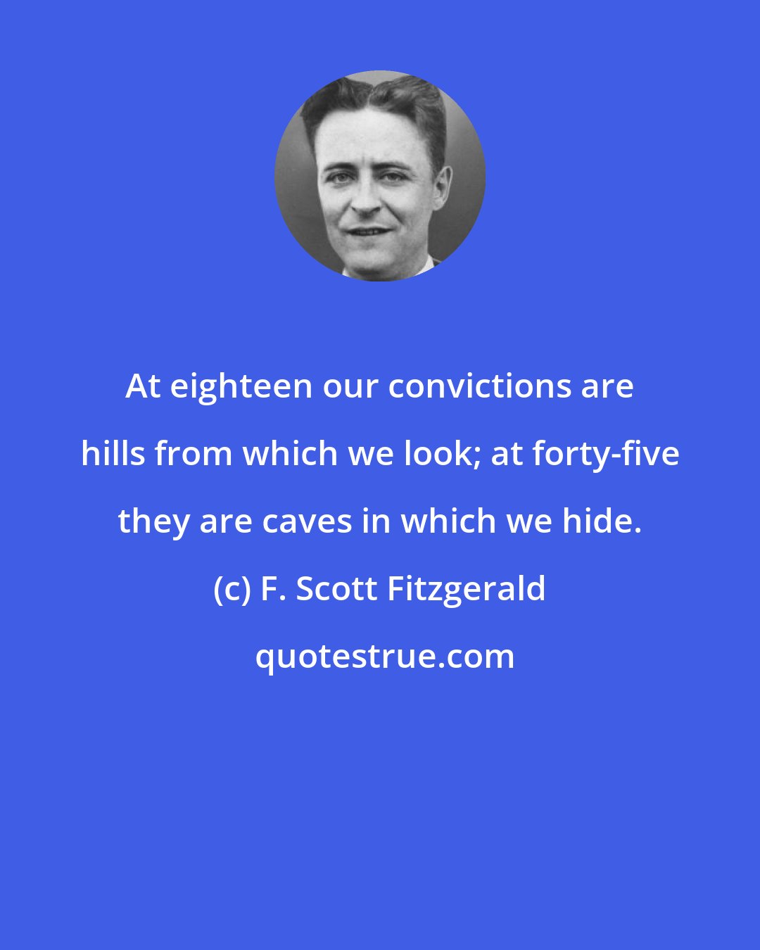 F. Scott Fitzgerald: At eighteen our convictions are hills from which we look; at forty-five they are caves in which we hide.