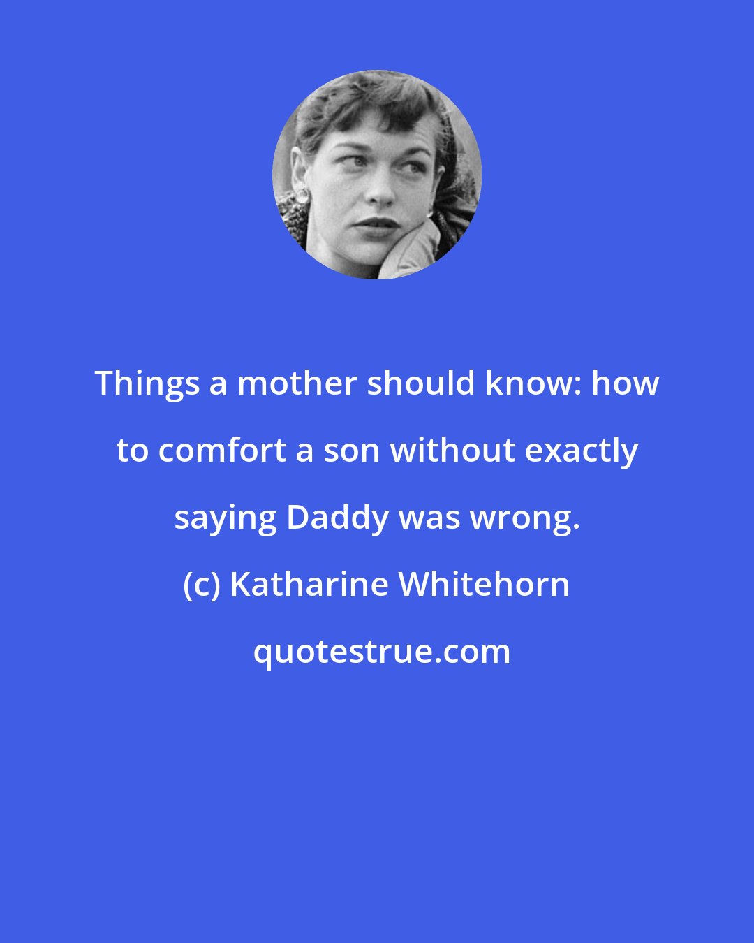 Katharine Whitehorn: Things a mother should know: how to comfort a son without exactly saying Daddy was wrong.