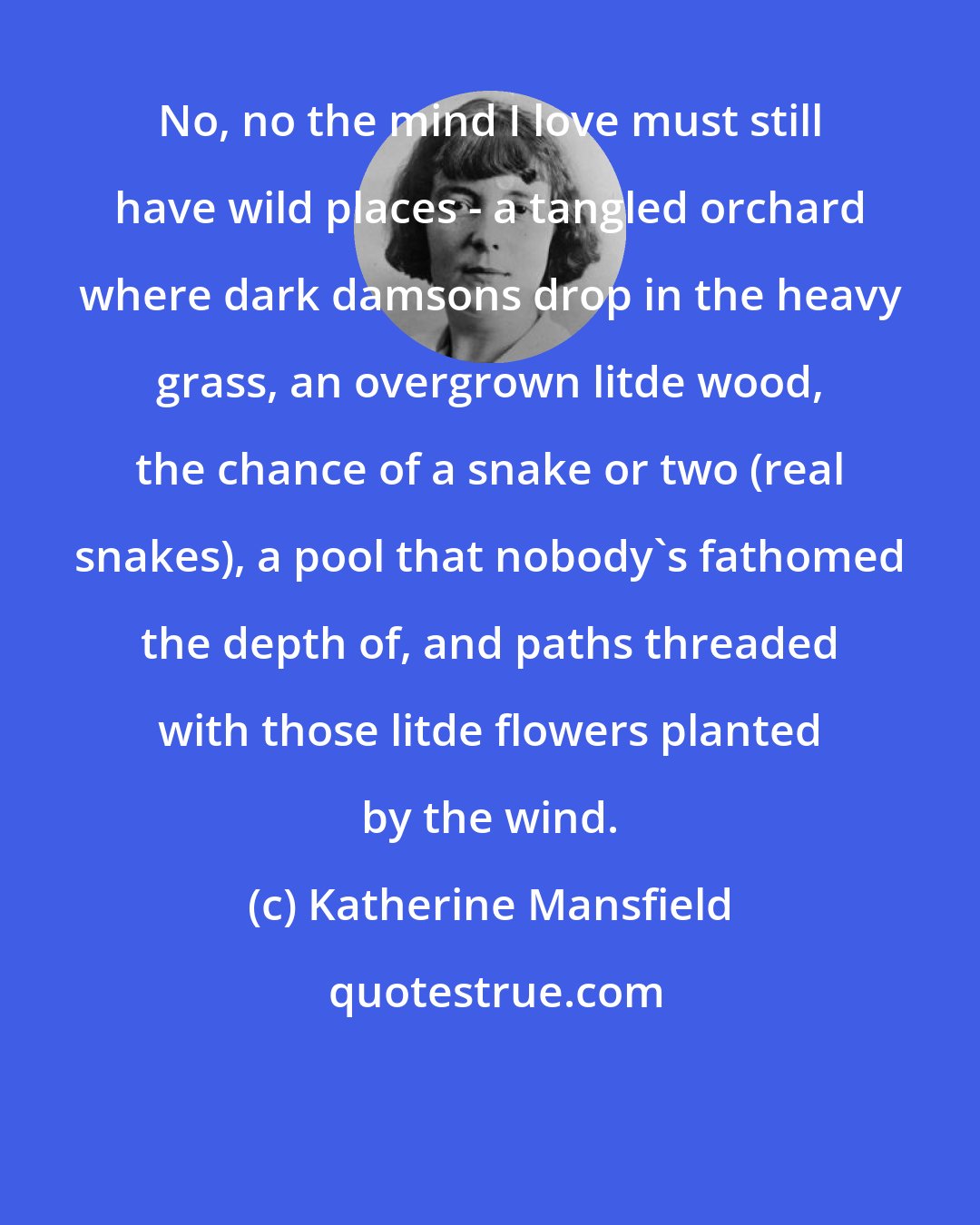 Katherine Mansfield: No, no the mind I love must still have wild places - a tangled orchard where dark damsons drop in the heavy grass, an overgrown litde wood, the chance of a snake or two (real snakes), a pool that nobody's fathomed the depth of, and paths threaded with those litde flowers planted by the wind.