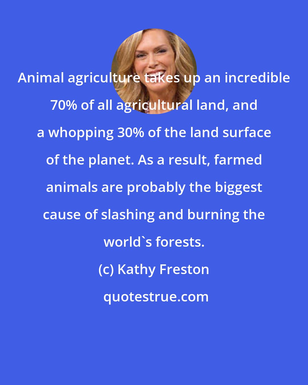 Kathy Freston: Animal agriculture takes up an incredible 70% of all agricultural land, and a whopping 30% of the land surface of the planet. As a result, farmed animals are probably the biggest cause of slashing and burning the world's forests.