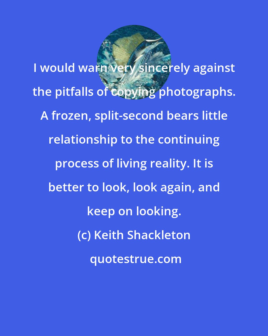Keith Shackleton: I would warn very sincerely against the pitfalls of copying photographs. A frozen, split-second bears little relationship to the continuing process of living reality. It is better to look, look again, and keep on looking.