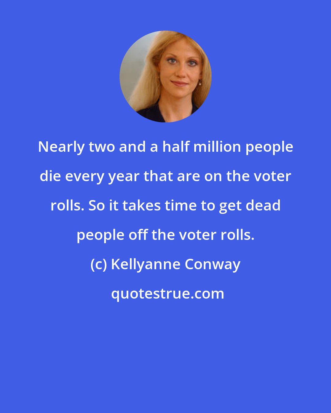 Kellyanne Conway: Nearly two and a half million people die every year that are on the voter rolls. So it takes time to get dead people off the voter rolls.