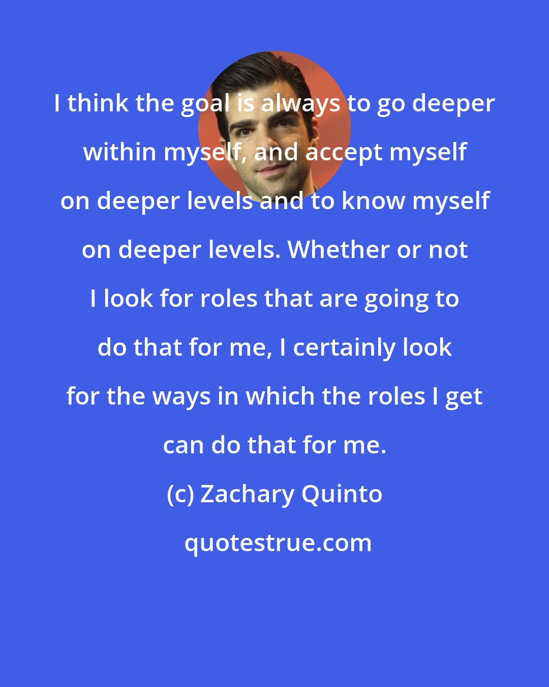 Zachary Quinto: I think the goal is always to go deeper within myself, and accept myself on deeper levels and to know myself on deeper levels. Whether or not I look for roles that are going to do that for me, I certainly look for the ways in which the roles I get can do that for me.