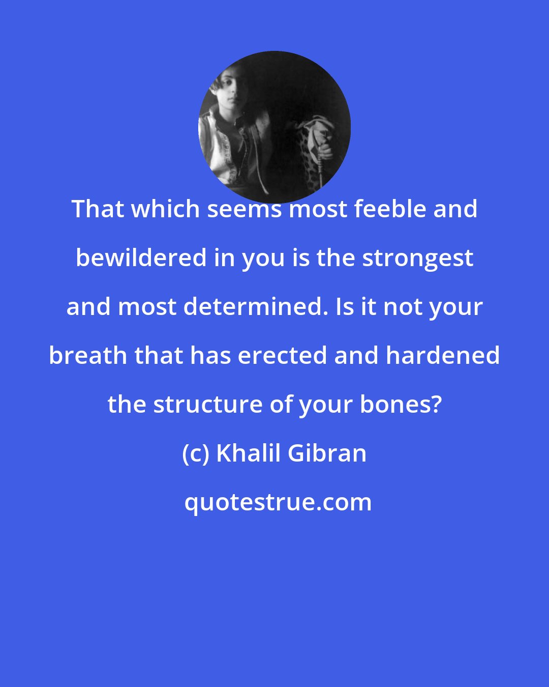 Khalil Gibran: That which seems most feeble and bewildered in you is the strongest and most determined. Is it not your breath that has erected and hardened the structure of your bones?