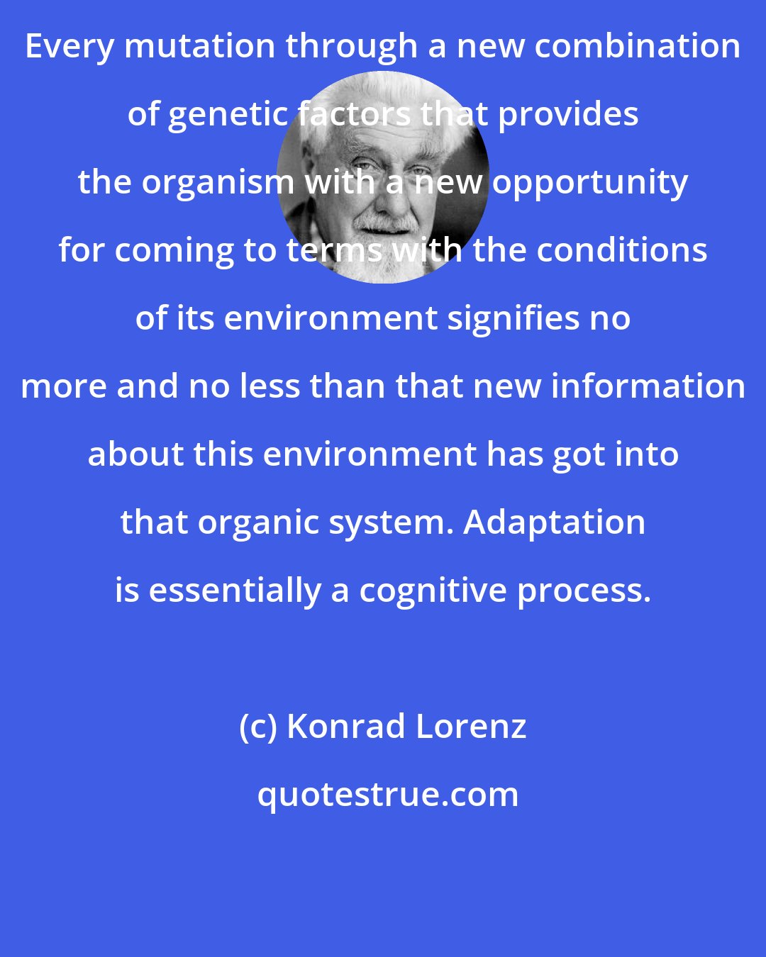 Konrad Lorenz: Every mutation through a new combination of genetic factors that provides the organism with a new opportunity for coming to terms with the conditions of its environment signifies no more and no less than that new information about this environment has got into that organic system. Adaptation is essentially a cognitive process.