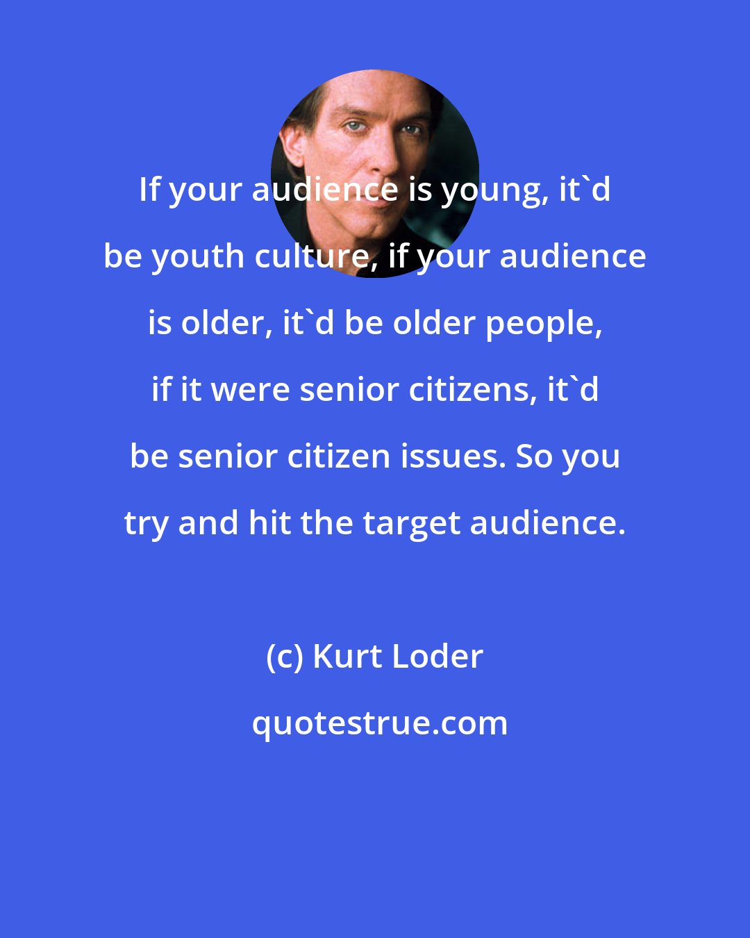 Kurt Loder: If your audience is young, it'd be youth culture, if your audience is older, it'd be older people, if it were senior citizens, it'd be senior citizen issues. So you try and hit the target audience.