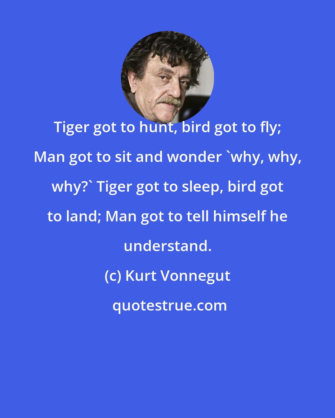 Kurt Vonnegut: Tiger got to hunt, bird got to fly; Man got to sit and wonder 'why, why, why?' Tiger got to sleep, bird got to land; Man got to tell himself he understand.