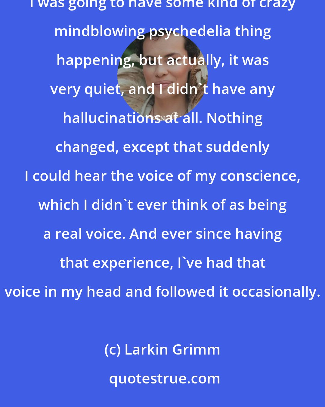 Larkin Grimm: I've always been curious about people's psychedelic experiences, and I kind of had this assumption that I was going to have some kind of crazy mindblowing psychedelia thing happening, but actually, it was very quiet, and I didn't have any hallucinations at all. Nothing changed, except that suddenly I could hear the voice of my conscience, which I didn't ever think of as being a real voice. And ever since having that experience, I've had that voice in my head and followed it occasionally.