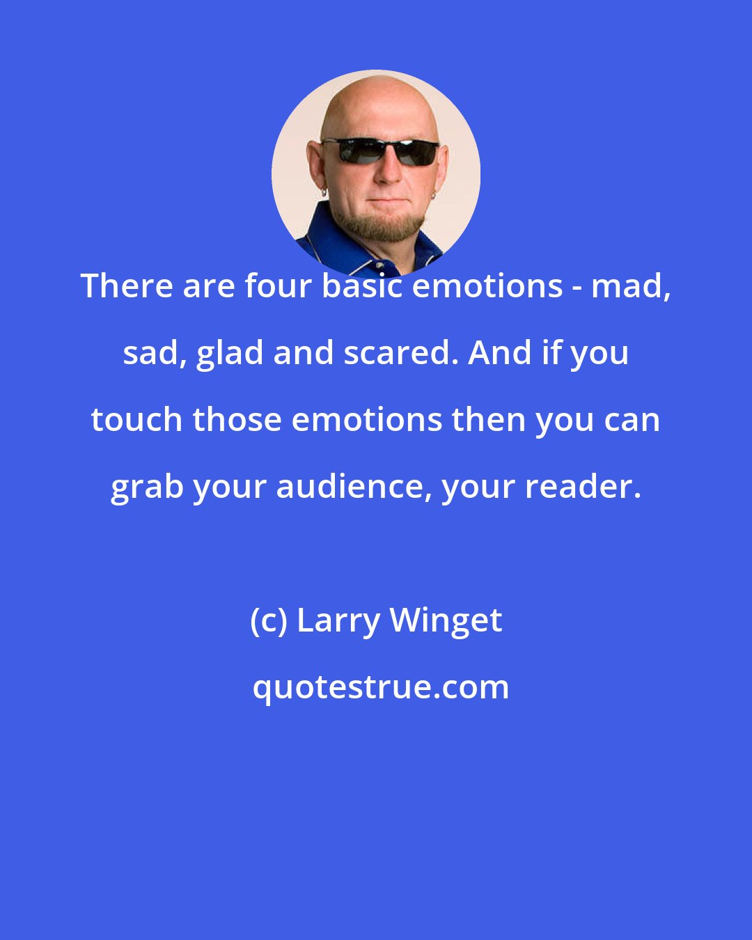 Larry Winget: There are four basic emotions - mad, sad, glad and scared. And if you touch those emotions then you can grab your audience, your reader.